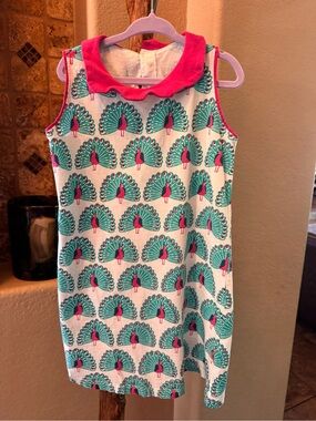 Girls Peacock Print Sleeveless Dress with Pink Collar